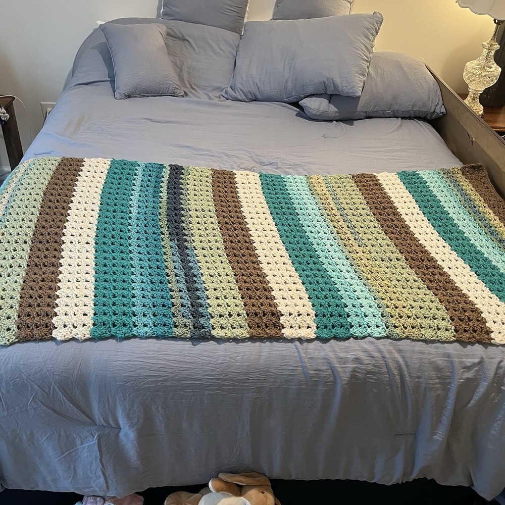 Crocheted Striped Throw Blanket afghan 65 x 28 earth tone cottage core
